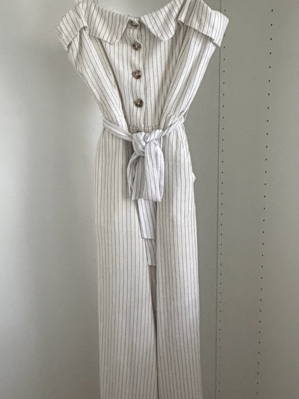 English Factory Striped Linen Jumpsuit Wooden Buttons Belt White M $120